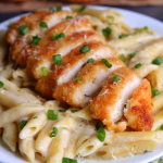 30-Minute Garlic Parmesan Pasta with Crispy Chicken Recipe Image
