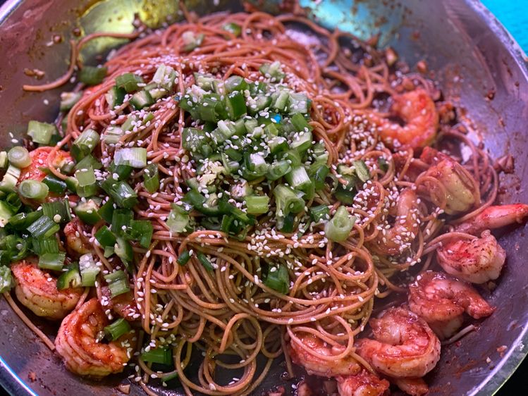 Shrimp and steak teriyaki noodles