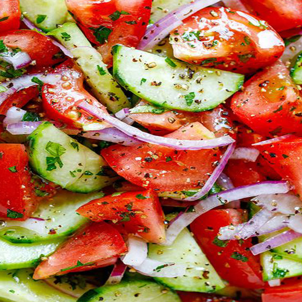 CUCUMBERS ONIONS AND TOMATOES SALAD