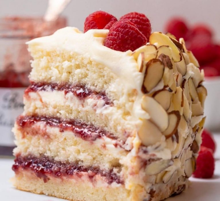 White Chocolate Almond Raspberry Cake Recipe Image