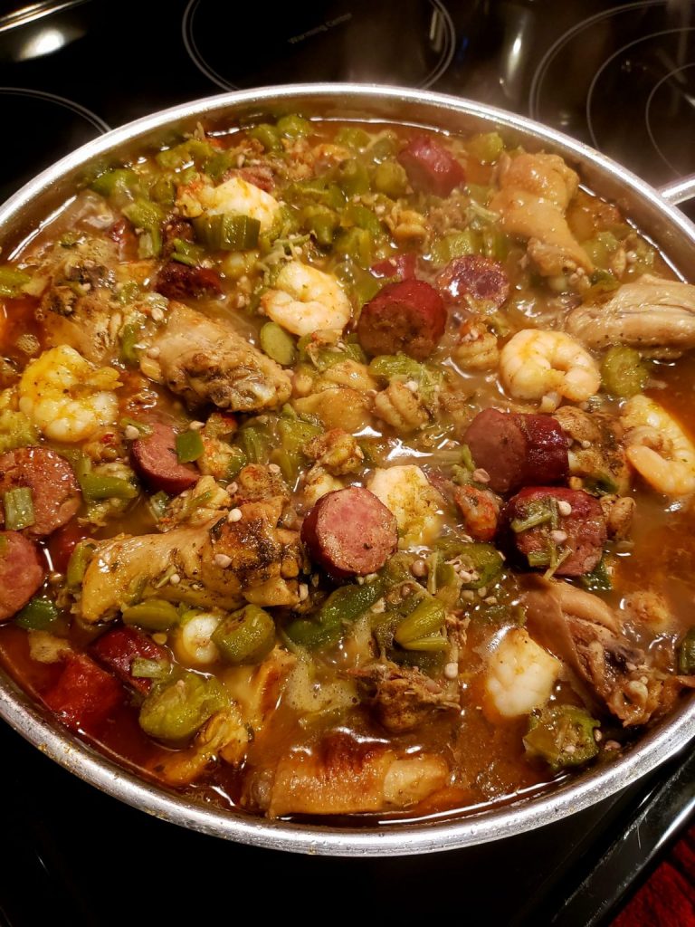 Okra stew with chicken, sausage, shrimp and crawfish tails, onion and green peppers Recipe Image