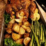 Roasted lemon thyme chicken, garlic butter roasted potatoes and asparagus Recipe Image