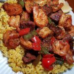 Jerk Steak & Shrimp over Yellow Rice Recipe Image