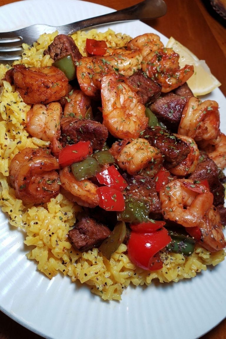 Jerk Steak & Shrimp over Yellow Rice Recipe Image