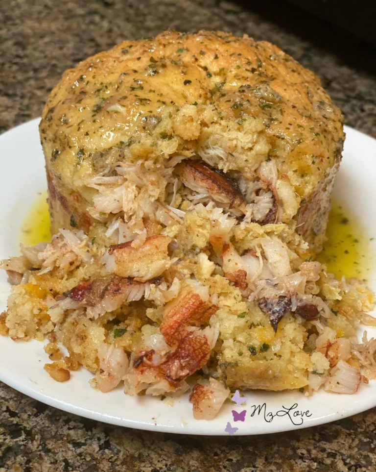 Crab stuffed Cheddar Bay biscuit with garlic lemon butter