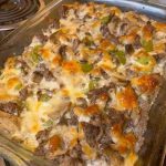 Philly cheesesteak casserole with beef, peppers and provolone